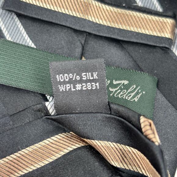Marshall Fields Silk Tie Black with Silver Gold Repp Stripes 3.75" x 60" Inches - Picture 4 of 7